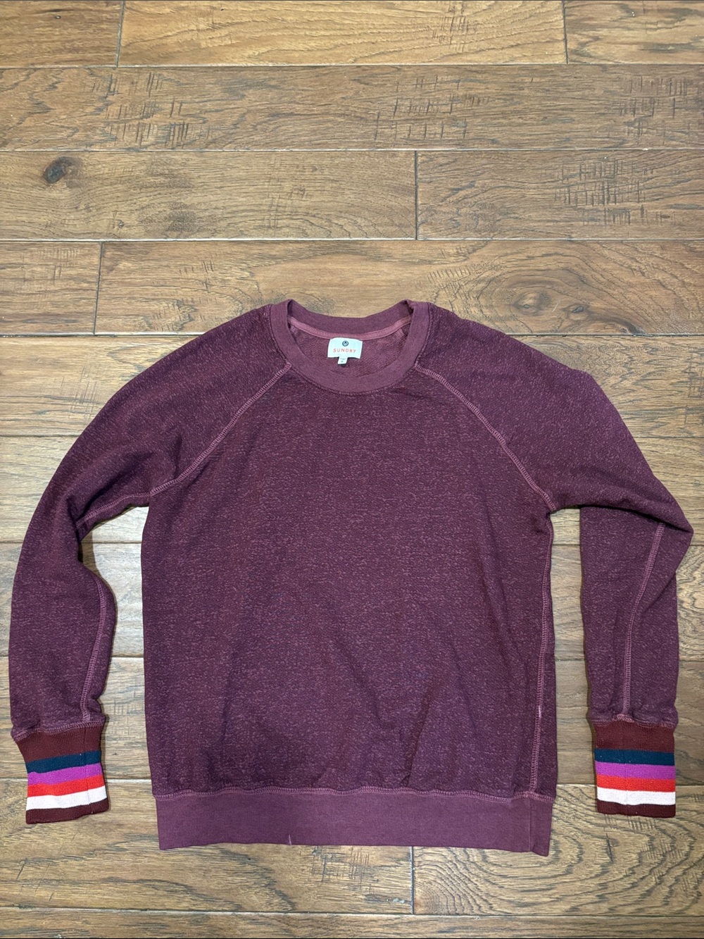 Sundry Men's Burgundy Crewneck Sweater with Multicolor Stripe Cuffs
